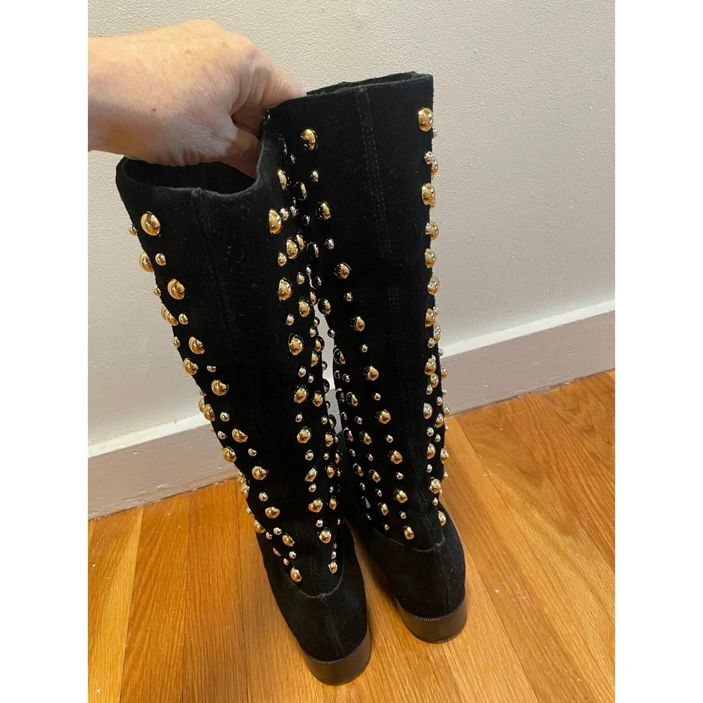 Black Studded Knee-High Boots - Suede Look